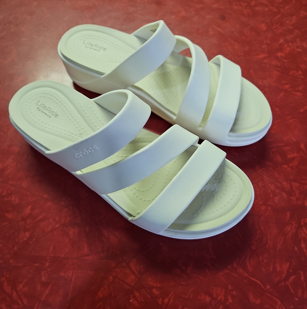 CROCS LiteRide Triple-Strap Slide Sandals in White